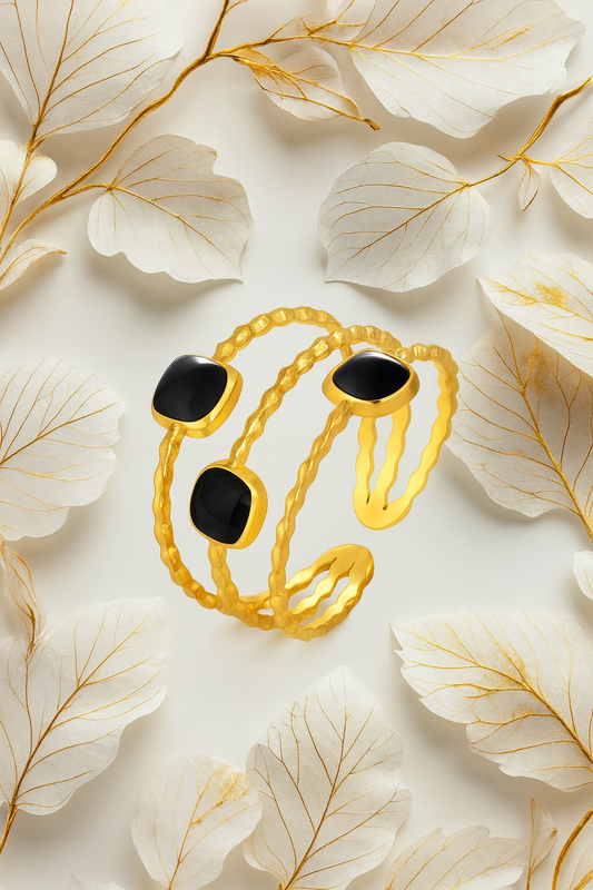 Gold Textured Cuff Bracelet with Black Onyx Accents – Adjustable Statement Jewelry 18K Gold Plated Steel