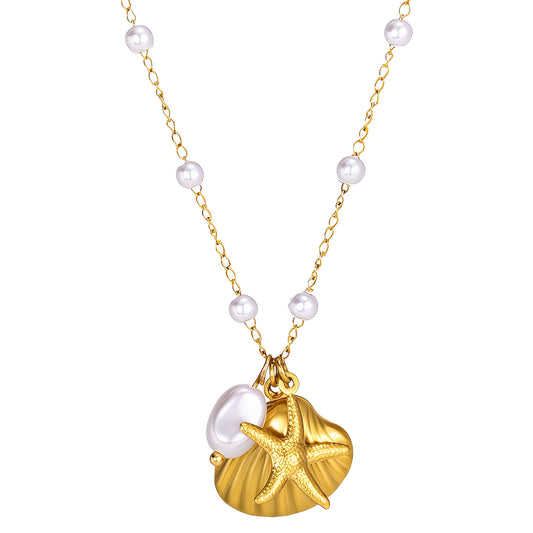 Gold Seashell & Starfish Pendant Necklace with Pearls – Ocean-Inspired Jewelry