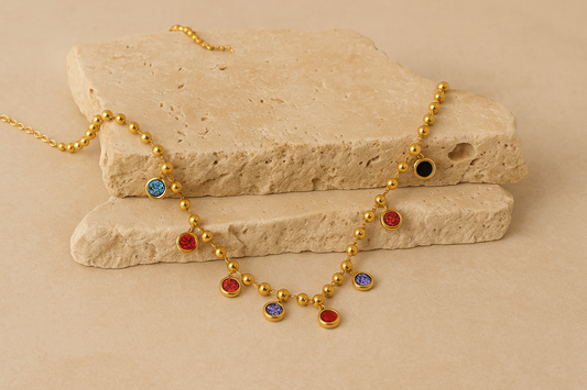 Gold Beaded Necklace with Colorful Gemstone Charms – Minimalist Jewelry
Necklace, 18K Gold Plated Steel
