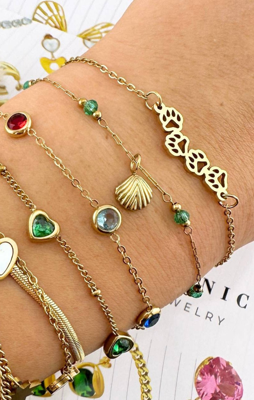 Gold-Plated Green Beaded Shell Charm Bracelet
