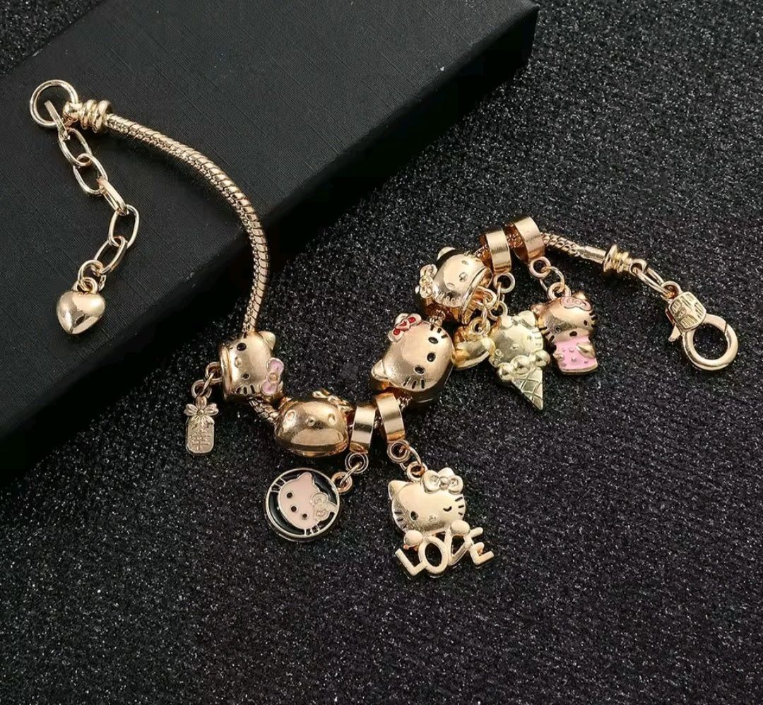 Gold-Plated Hello Kitty Charm Bracelet with Love, Heart & Ice Cream Charms