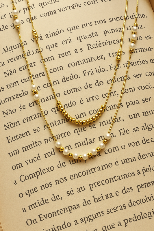 Layered Gold & Pearl Beaded Necklace – Elegant Double Chain
Necklace, 18K Gold Plated Steel