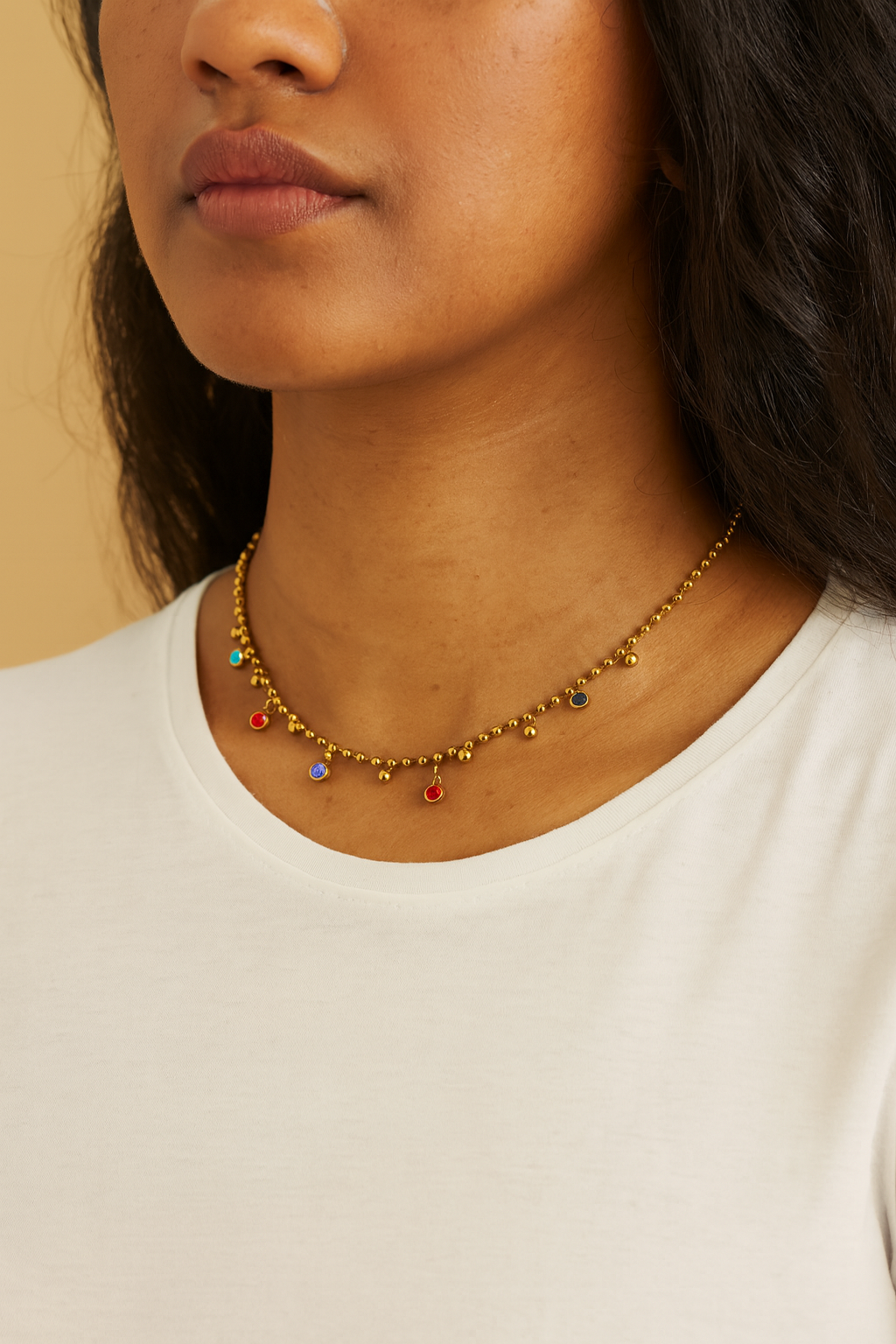 Gold Beaded Necklace with Colorful Gemstone Charms – Minimalist Jewelry
Necklace, 18K Gold Plated Steel