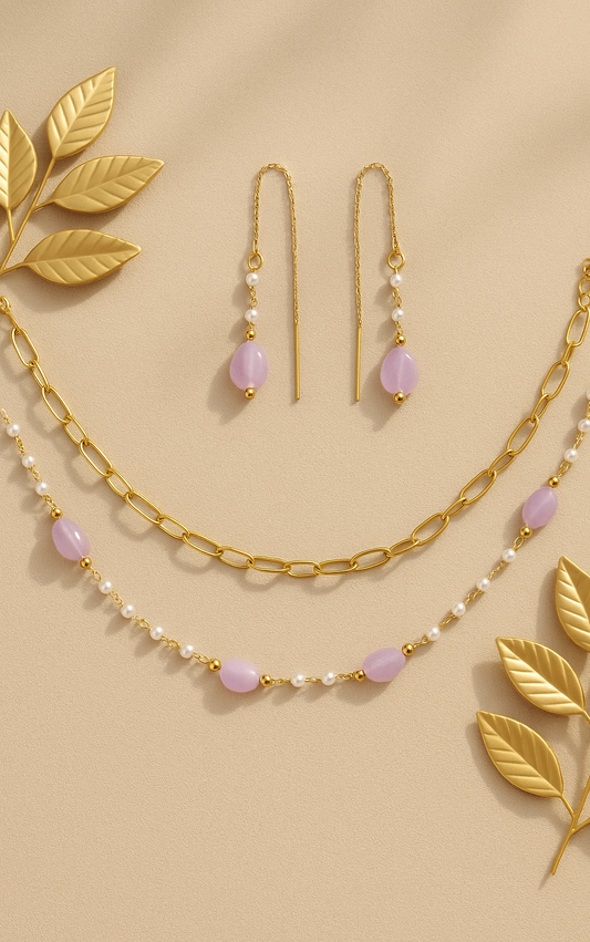 Layered Gemstone Necklace & Earrings Set – Gold Chain with Pearls (Lavender & Green)