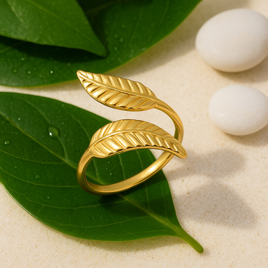 "Leaves" Ring, 18K Gold Plated Steel  Elegant Gold Leaf Wrap Ring – Adjustable Statement Jewelry