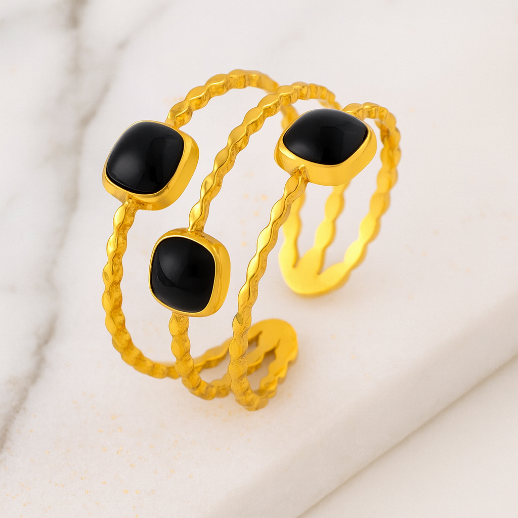 Gold Textured Cuff Bracelet with Black Onyx Accents – Adjustable Statement Jewelry 18K Gold Plated Steel