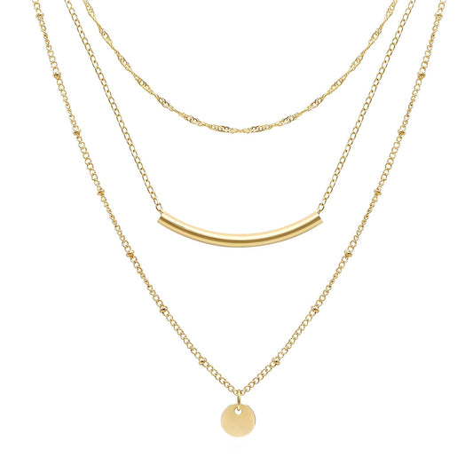 Minimalist 3-Layer Gold Plated Necklace – Coin & Bar Pendant