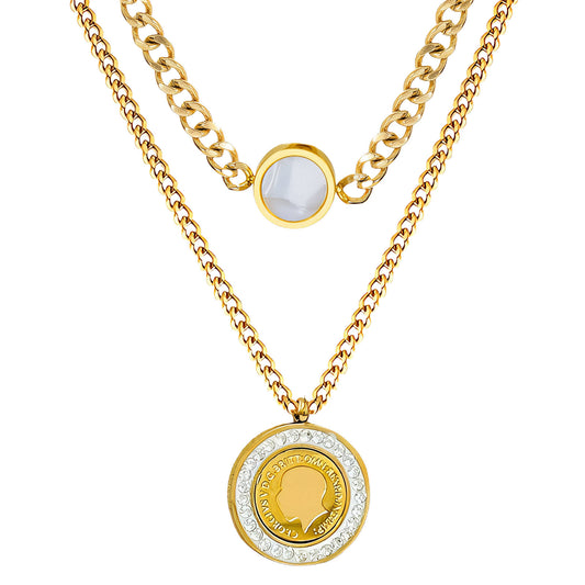 “Layered Gold Coin Pendant Necklace – Double Chain with Crystal Charm”