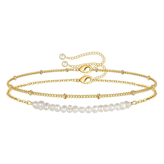 Elegant Gold-Plated Layered Chain Bracelet with Freshwater Pearls