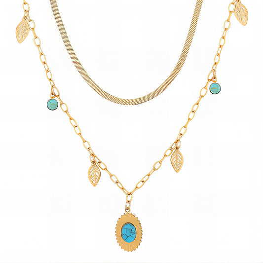 Layered Gold Leaf & Turquoise Charm Necklace