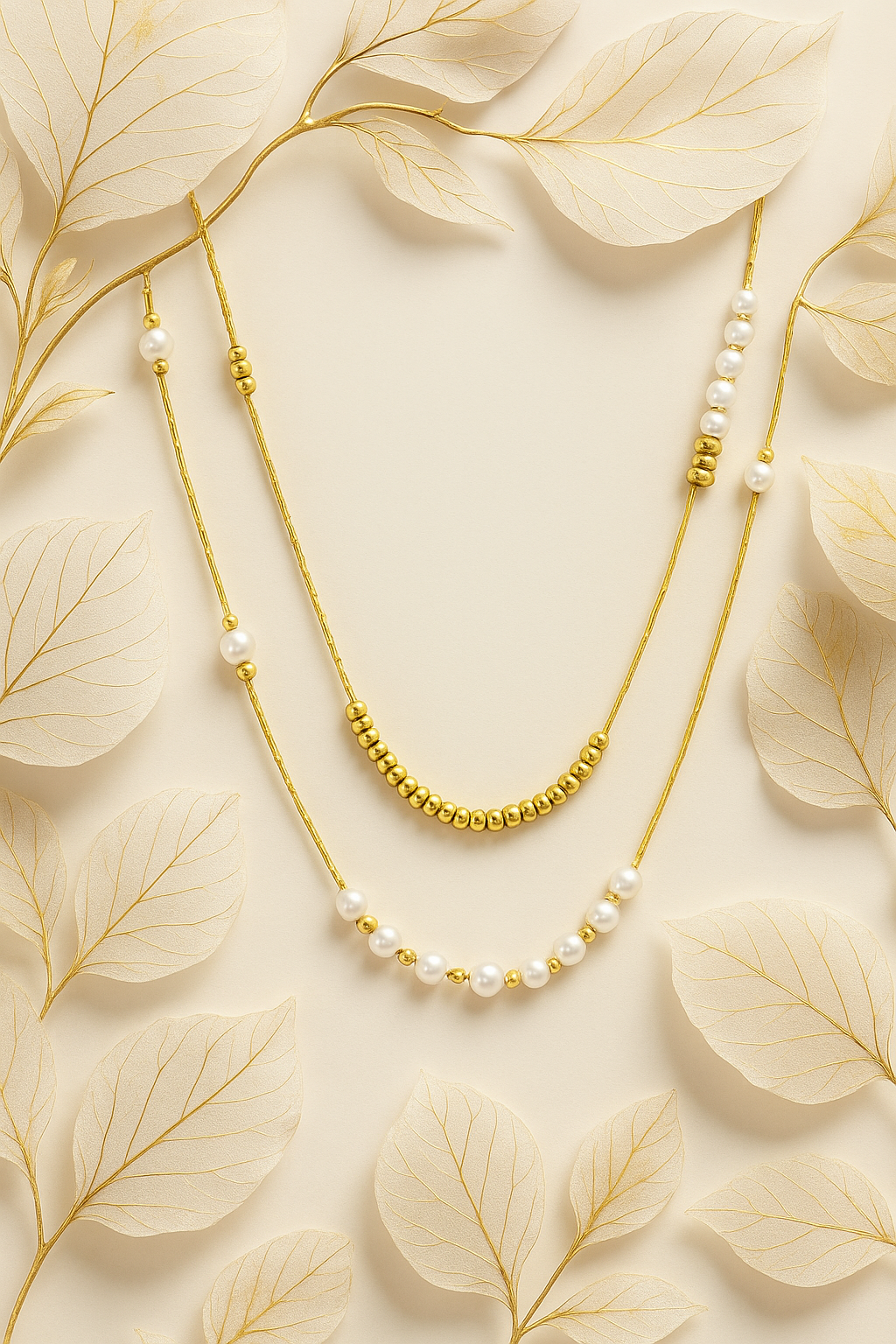 Layered Gold & Pearl Beaded Necklace – Elegant Double Chain
Necklace, 18K Gold Plated Steel