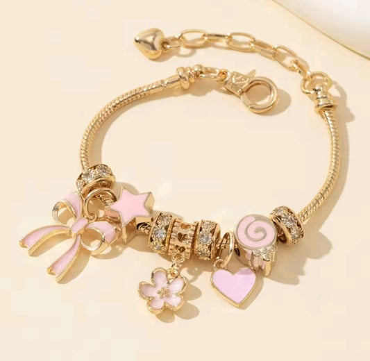Gold-Plated Pink Enamel Charm Bracelet with Bow, Star, Flower & Heart