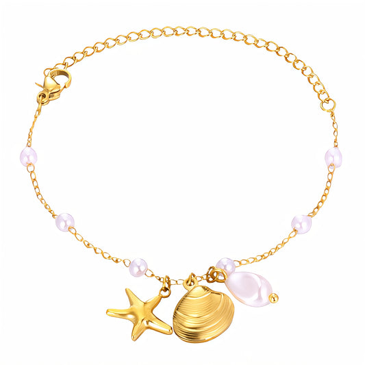 Gold-Plated Seashell & Starfish Charm Bracelet with Pearls