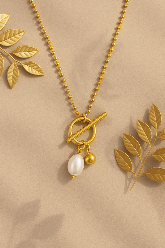 Gold Toggle Necklace with Pearl & Charm – Elegant Minimalist Jewelry
Anti tarnish jewellery
