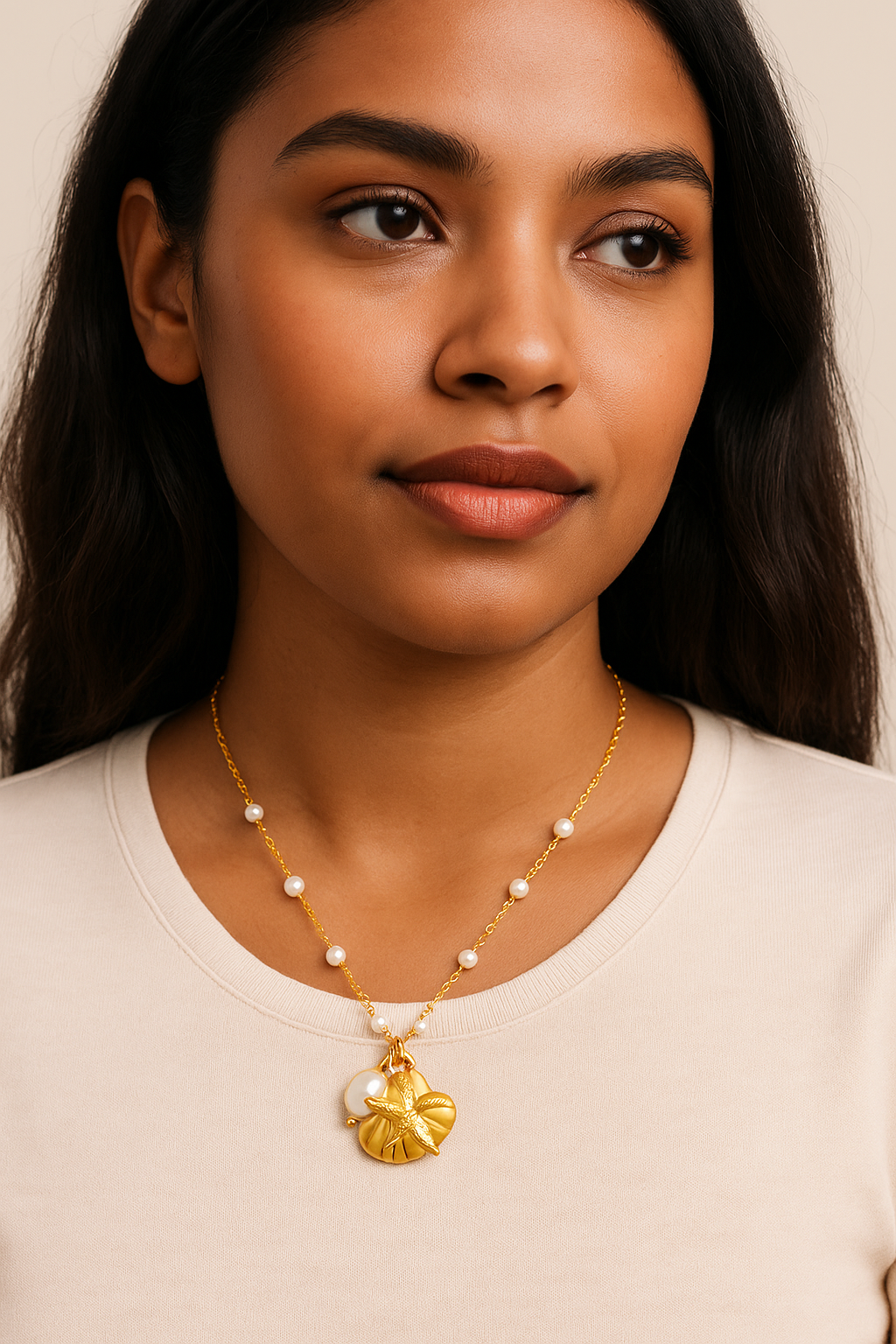 Gold Seashell & Starfish Pendant Necklace with Pearls – Ocean-Inspired Jewelry