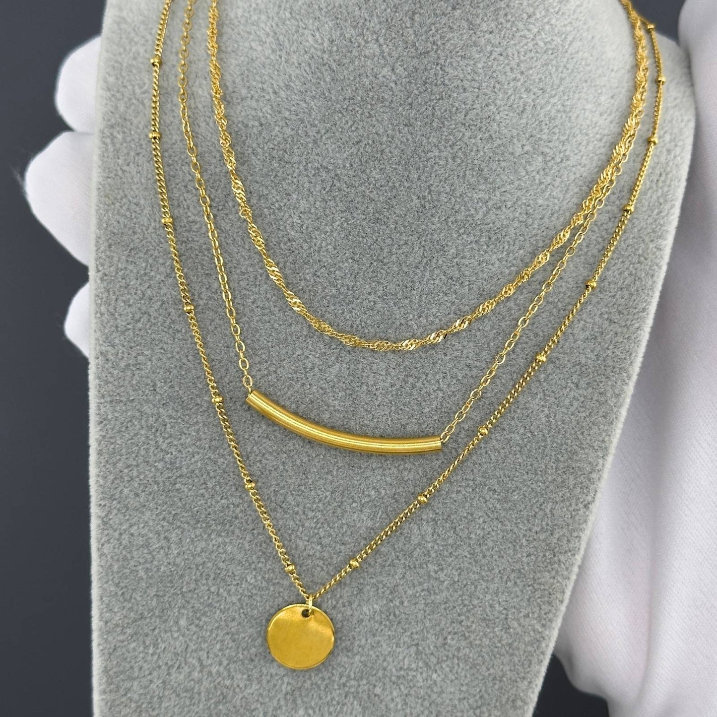 Minimalist 3-Layer Gold Plated Necklace – Coin & Bar Pendant