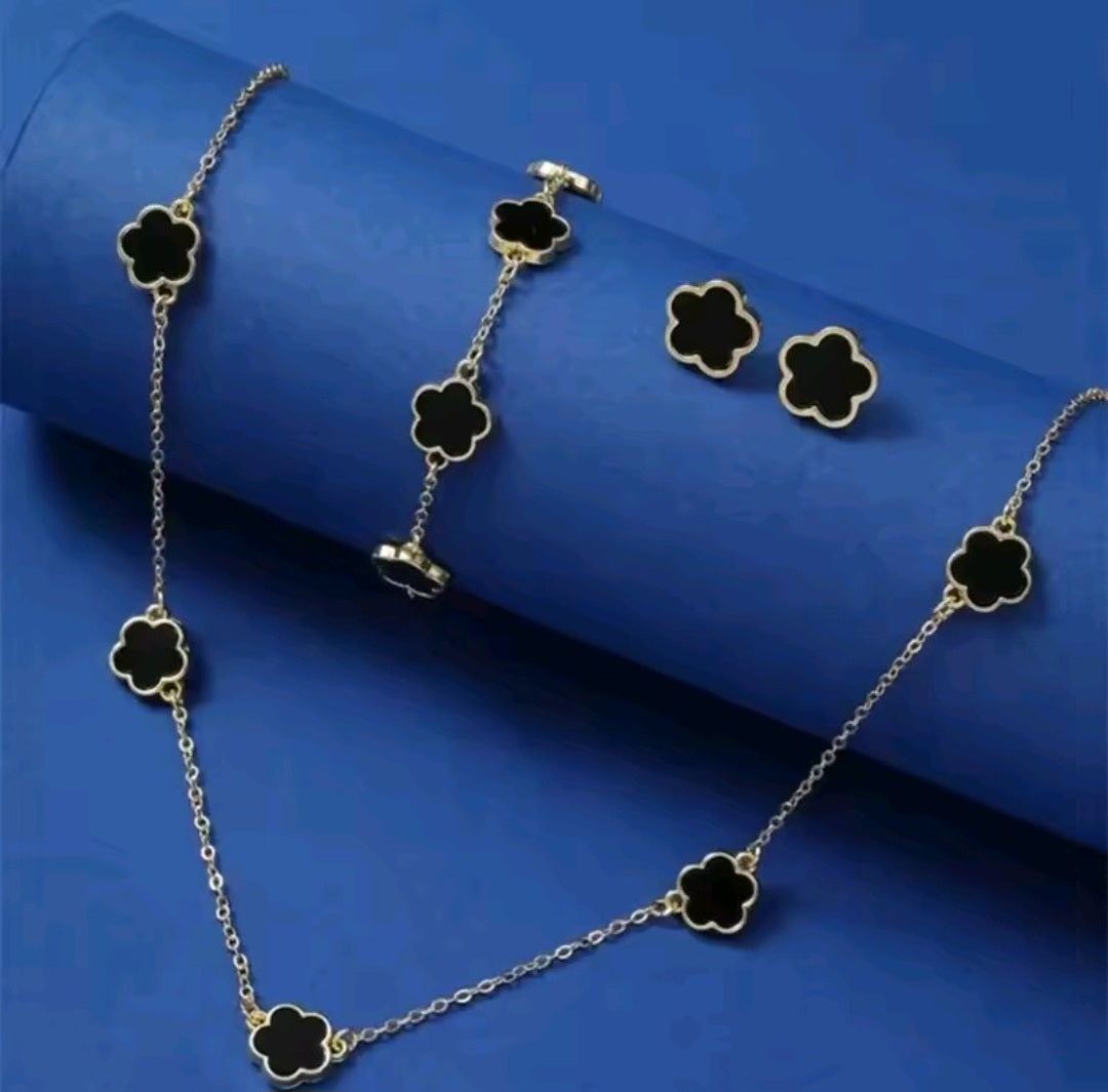 Gold-Plated Clover Jewelry Combo Set – Black & White Variants (Necklace, Bracelet, Earrings, Ring)