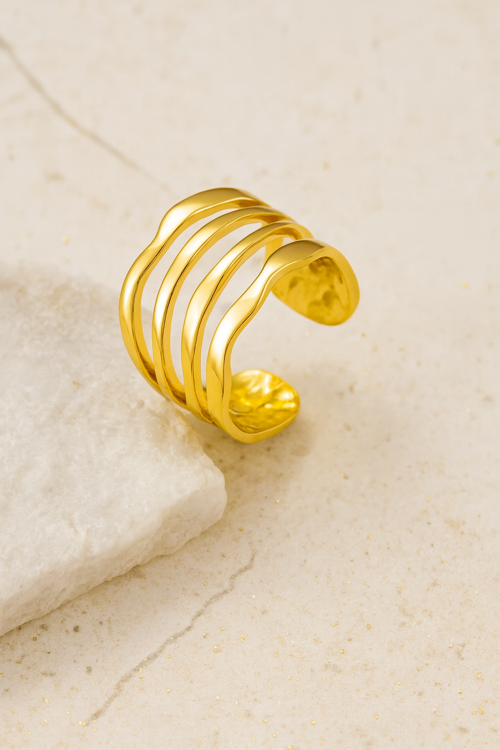 Ring, 18K Gold Plated SteelAdjustable Multi-Band Gold Cuff – Minimalist Chic Ring