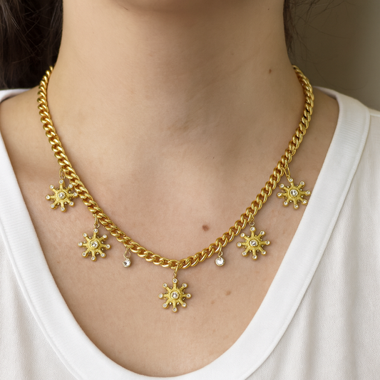 ✨Flower Meadow" Necklace, 18K Gold Plated Steel Sunburst Charm Necklace – Golden Glow ✨