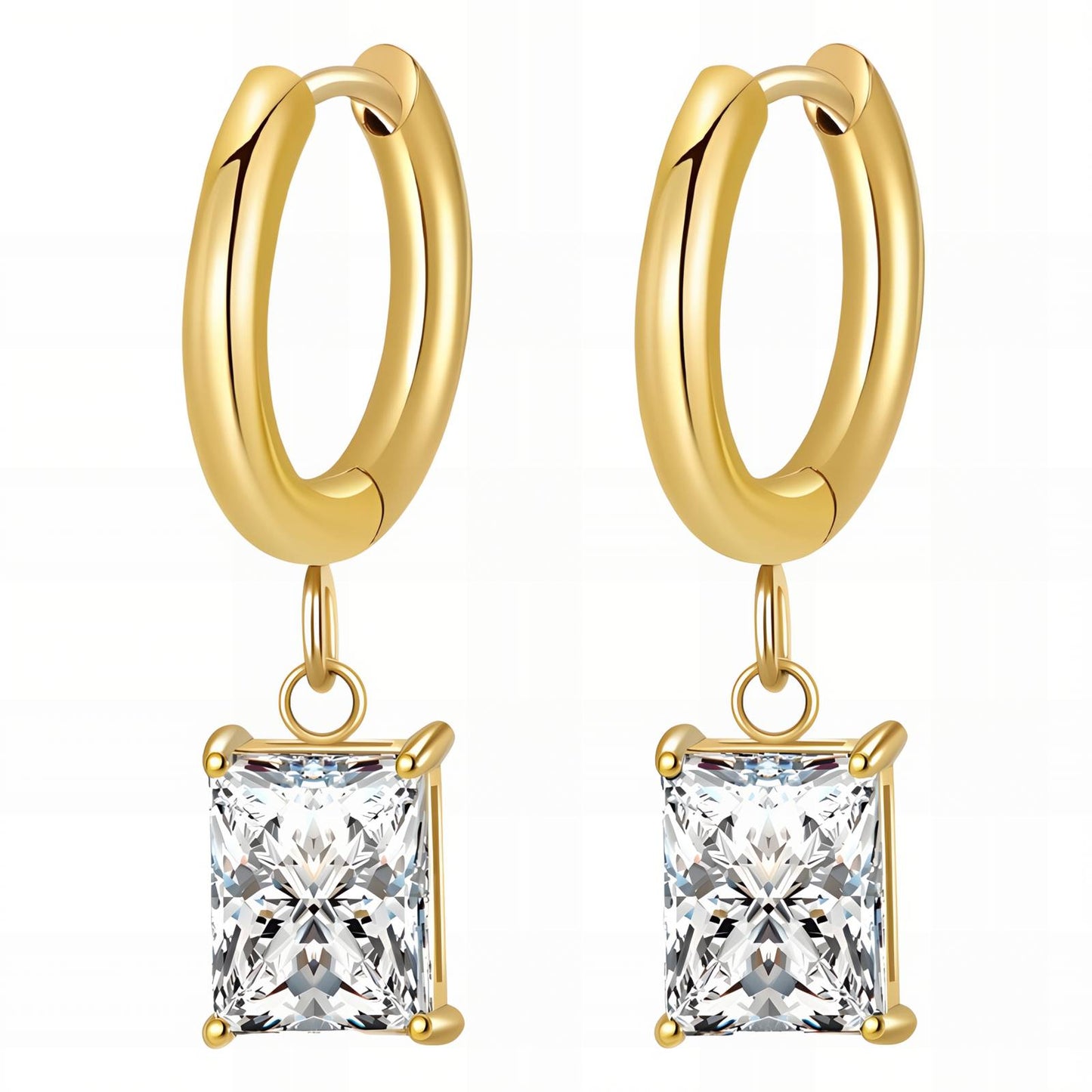 Gold Hoop Earrings with Radiant-Cut Crystal Drop – Timeless Elegance Earrings, 18K Gold Plated Steel