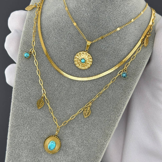 Layered Gold Leaf & Turquoise Charm Necklace
