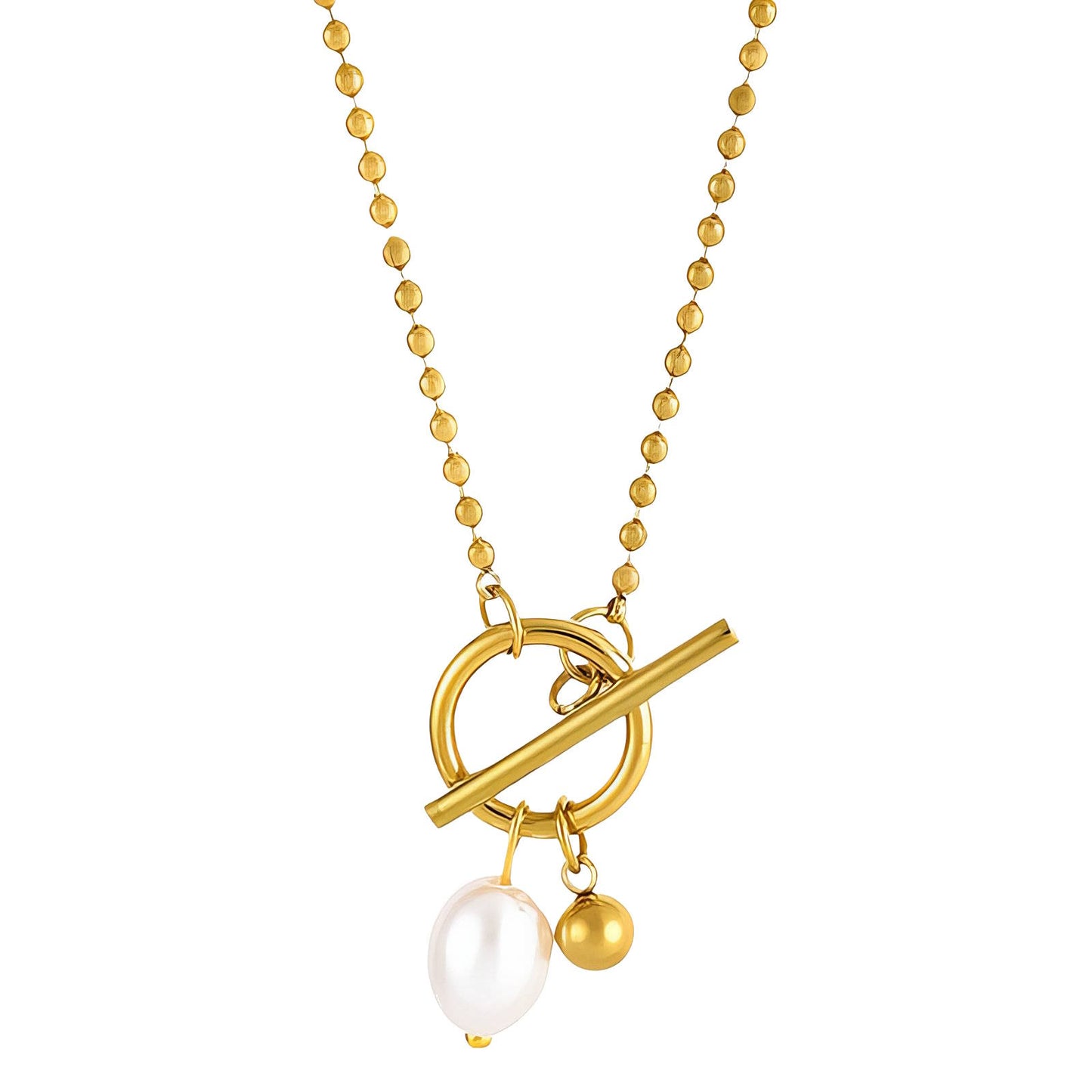 Gold Toggle Necklace with Pearl & Charm – Elegant Minimalist Jewelry
Anti tarnish jewellery