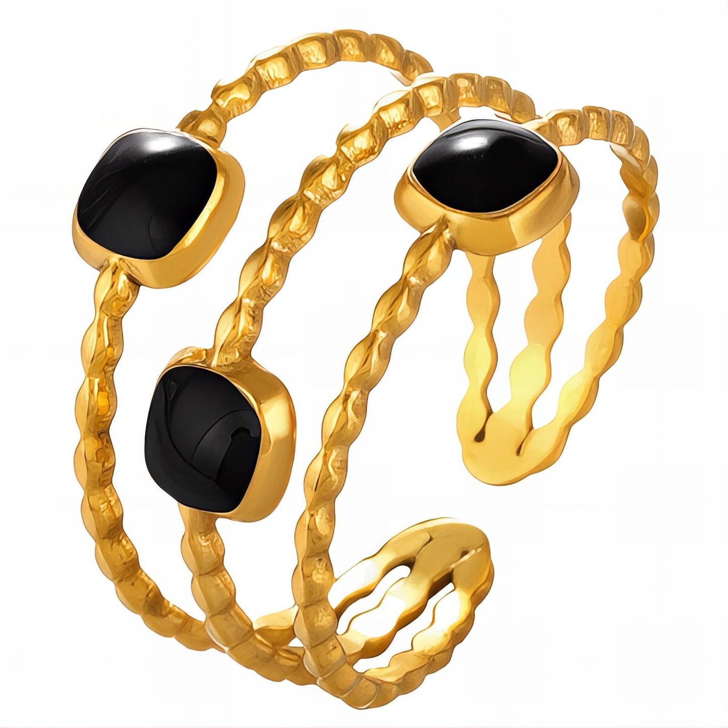 Gold Textured Cuff Bracelet with Black Onyx Accents – Adjustable Statement Jewelry 18K Gold Plated Steel