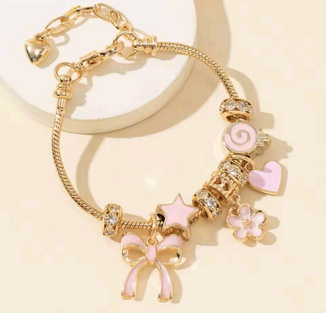 Gold-Plated Pink Enamel Charm Bracelet with Bow, Star, Flower & Heart