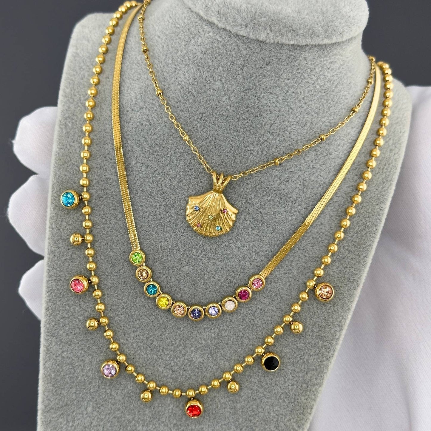 Gold Beaded Necklace with Colorful Gemstone Charms – Minimalist Jewelry
Necklace, 18K Gold Plated Steel