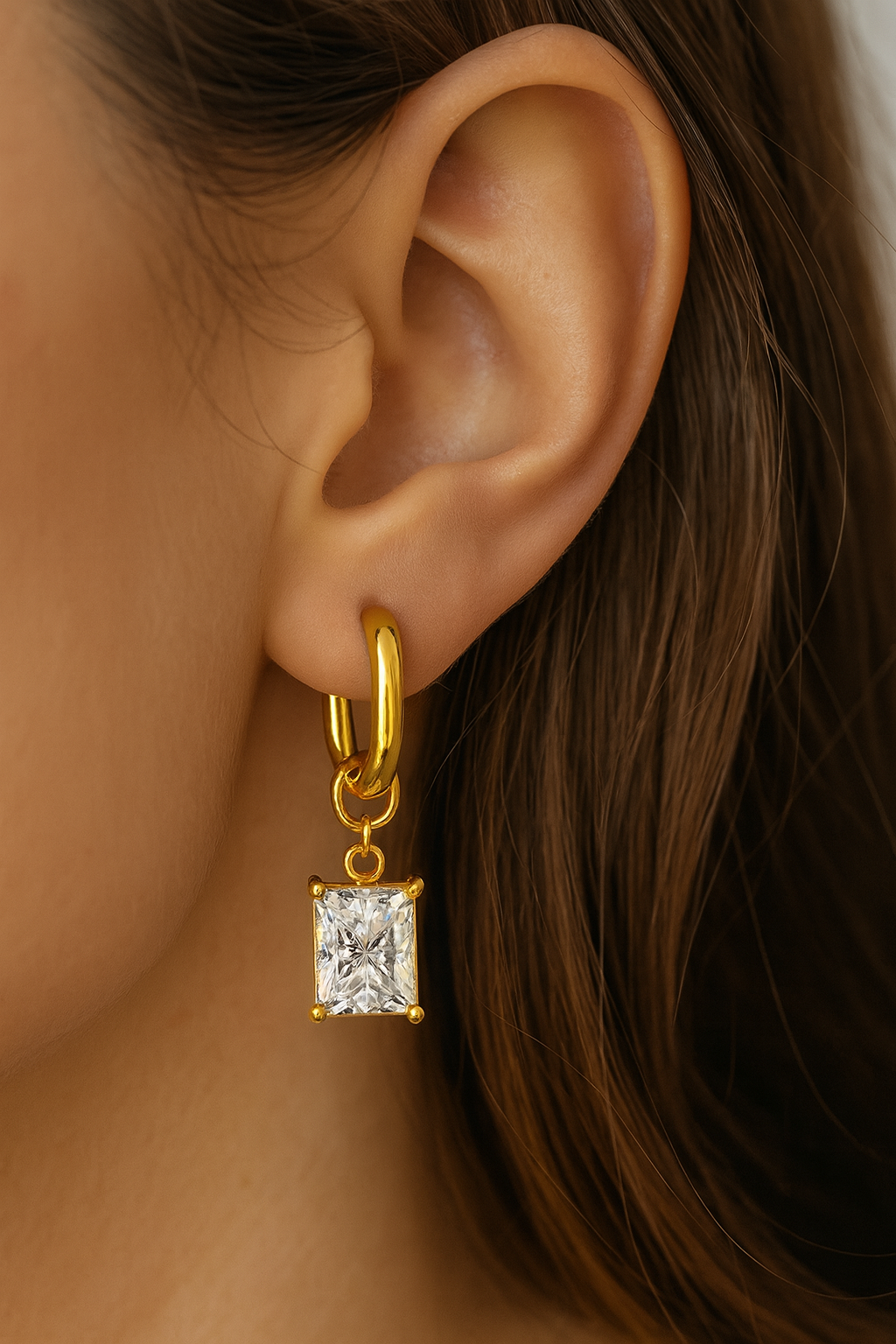 Gold Hoop Earrings with Radiant-Cut Crystal Drop – Timeless Elegance Earrings, 18K Gold Plated Steel