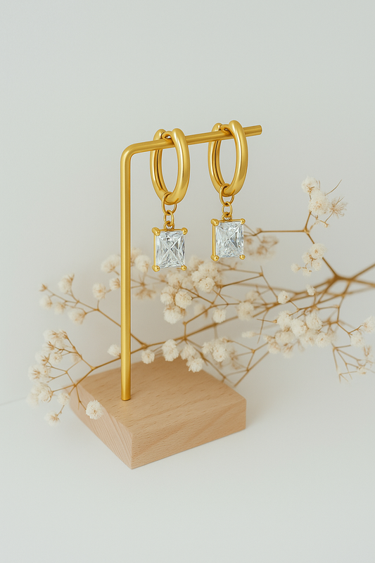 Gold Hoop Earrings with Radiant-Cut Crystal Drop – Timeless Elegance Earrings, 18K Gold Plated Steel