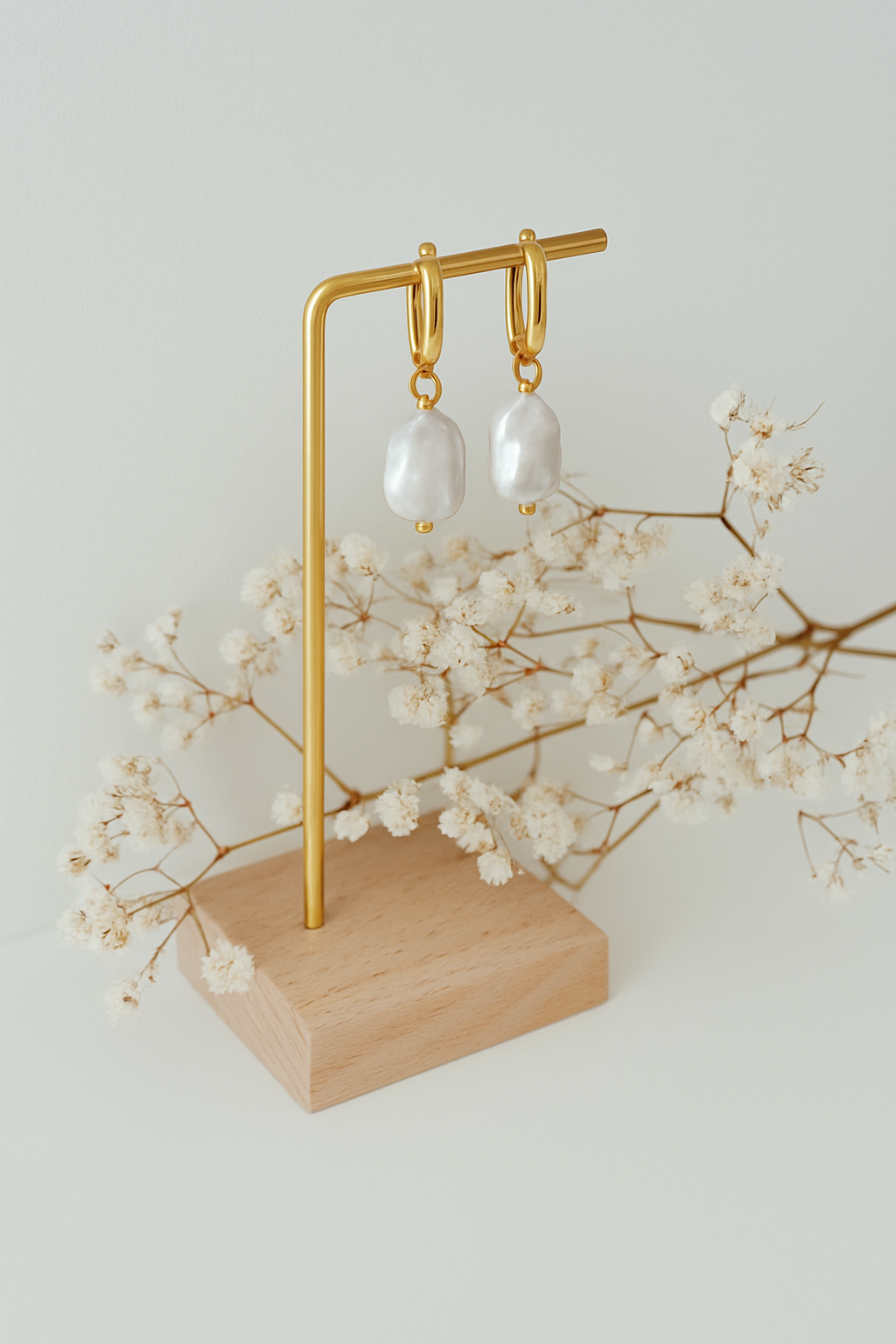 Earrings, 18K Gold Plated Steel
Gold Baroque Pearl Drop Earrings – Elegant Minimalist Jewelry