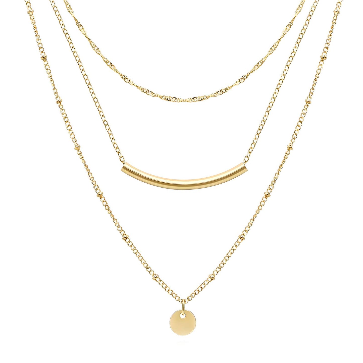 Minimalist 3-Layer Gold Plated Necklace – Coin & Bar Pendant