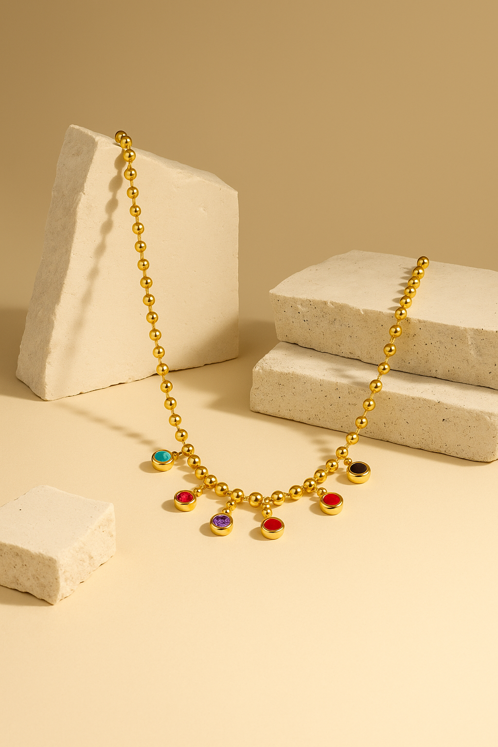 Gold Beaded Necklace with Colorful Gemstone Charms – Minimalist Jewelry
Necklace, 18K Gold Plated Steel