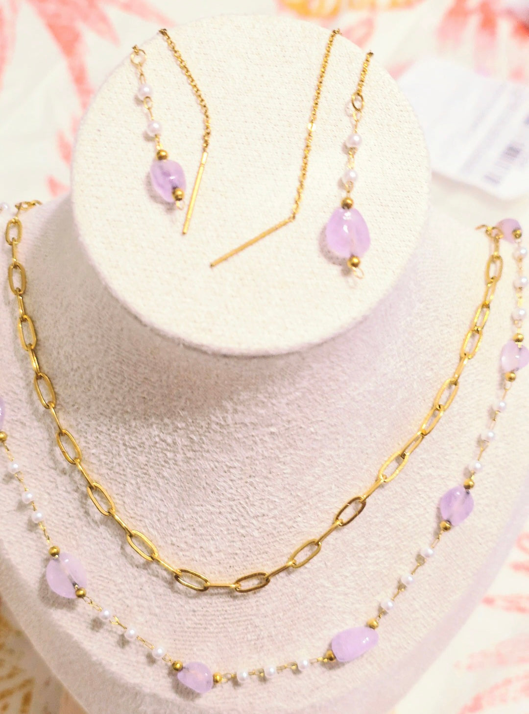 Layered Gemstone Necklace & Earrings Set – Gold Chain with Pearls (Lavender & Green)