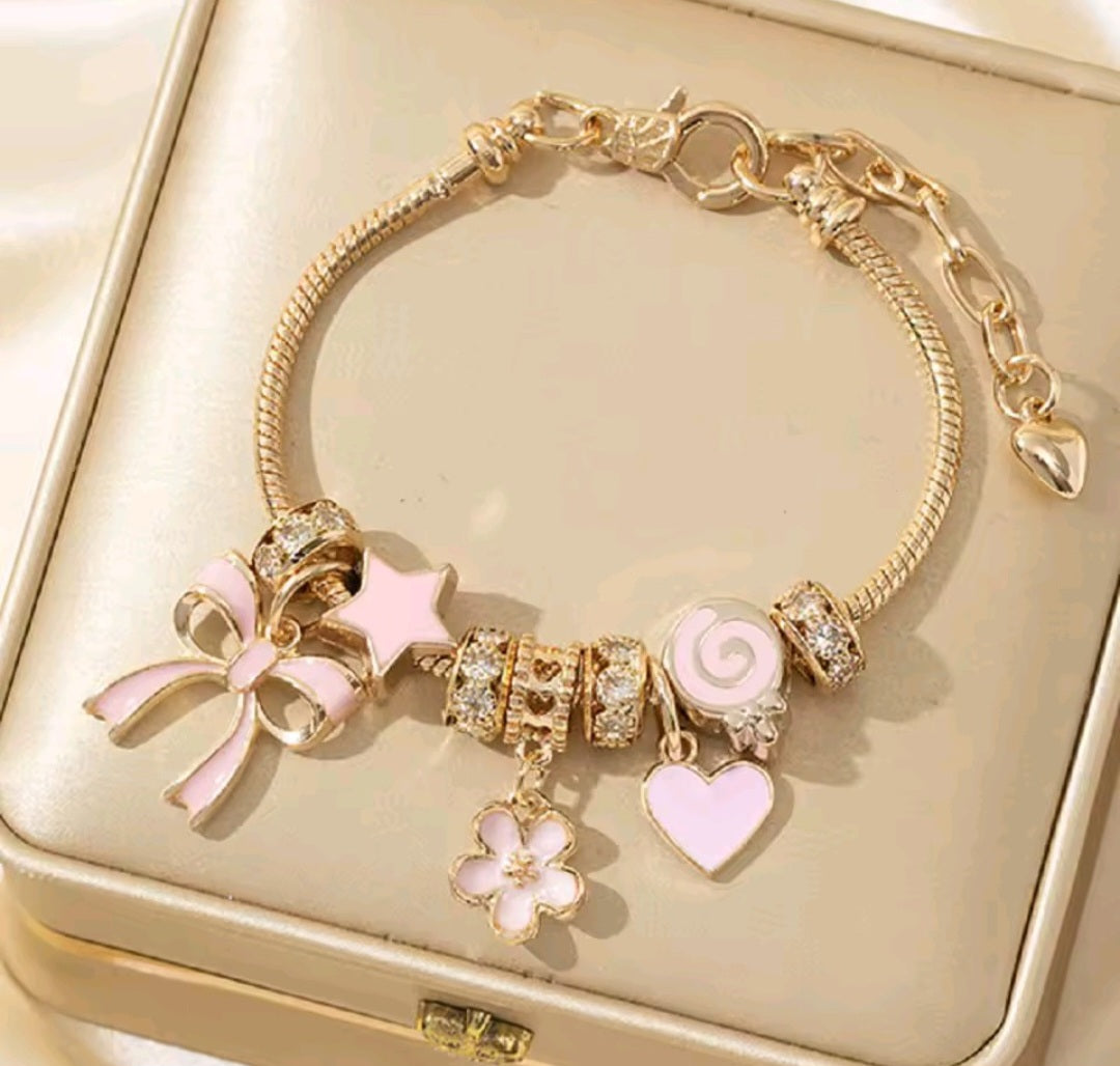 Gold-Plated Pink Enamel Charm Bracelet with Bow, Star, Flower & Heart