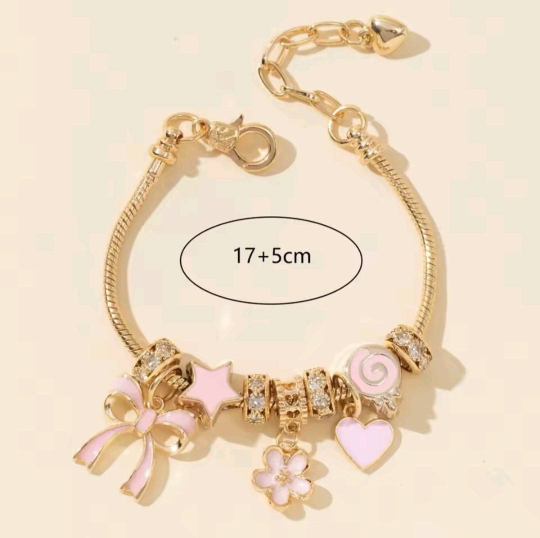 Gold-Plated Pink Enamel Charm Bracelet with Bow, Star, Flower & Heart