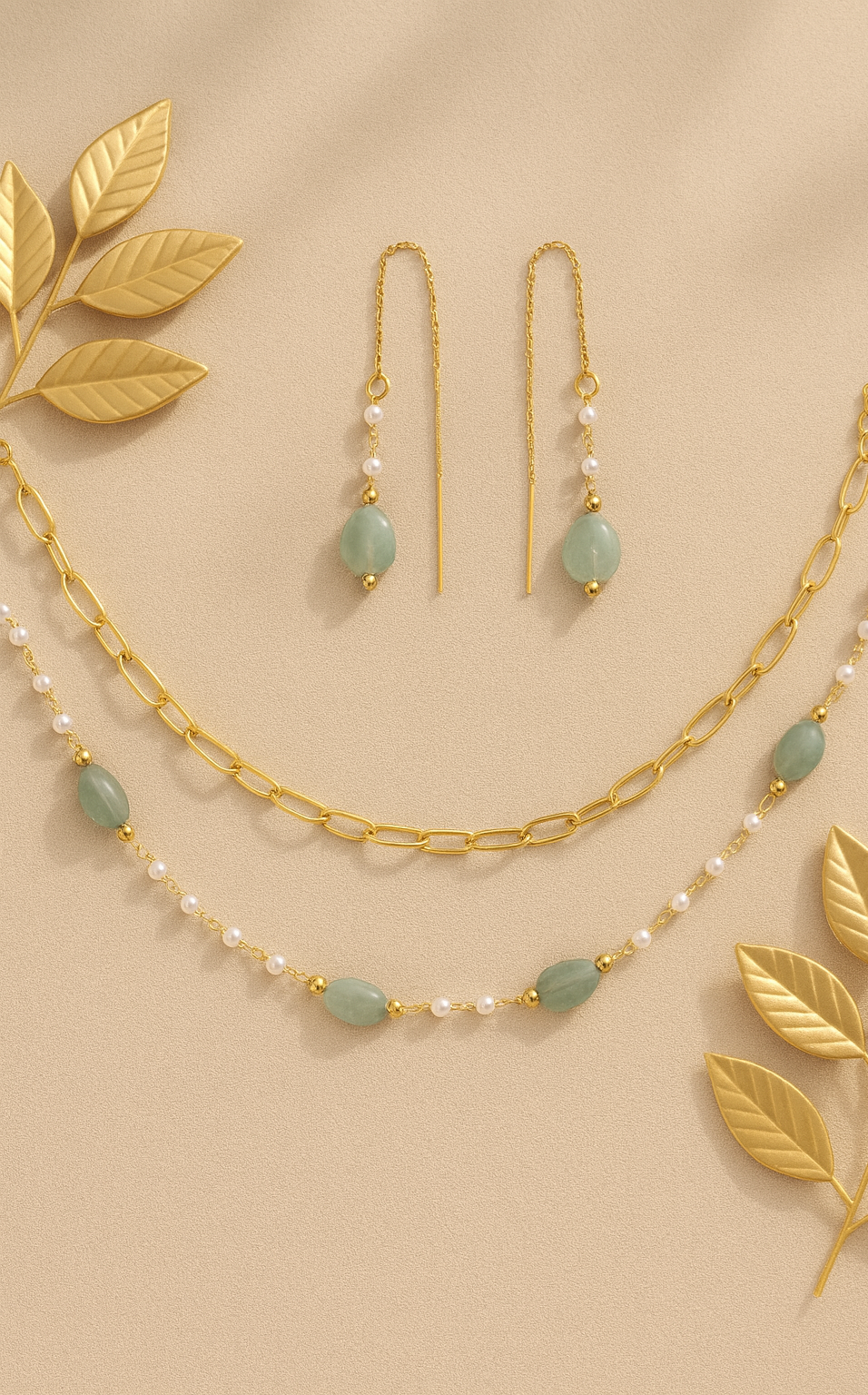 Layered Gemstone Necklace & Earrings Set – Gold Chain with Pearls (Lavender & Green)