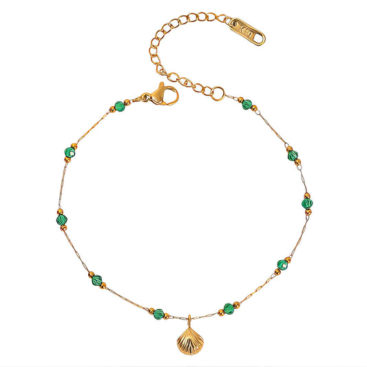 Gold-Plated Green Beaded Shell Charm Bracelet