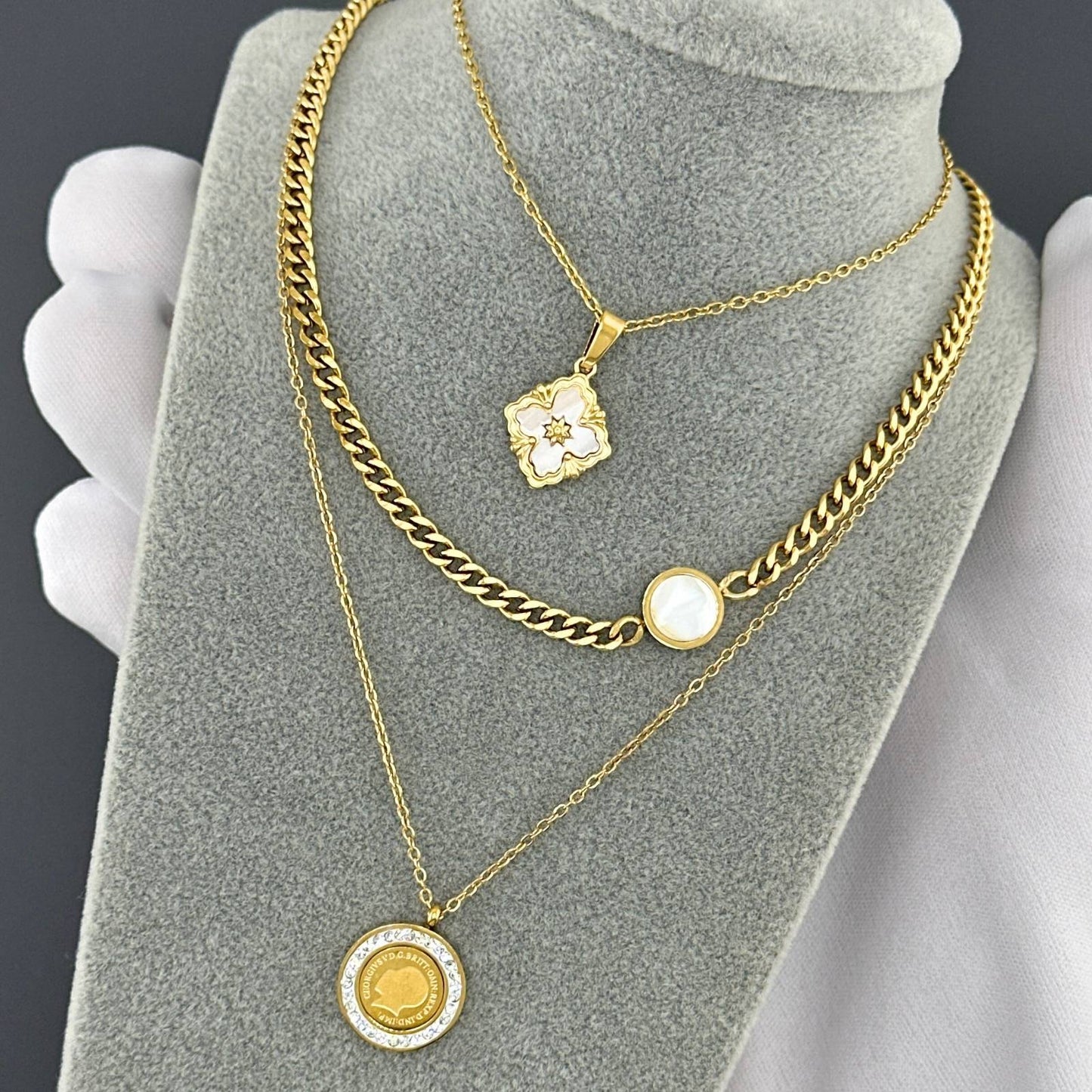 “Layered Gold Coin Pendant Necklace – Double Chain with Crystal Charm”