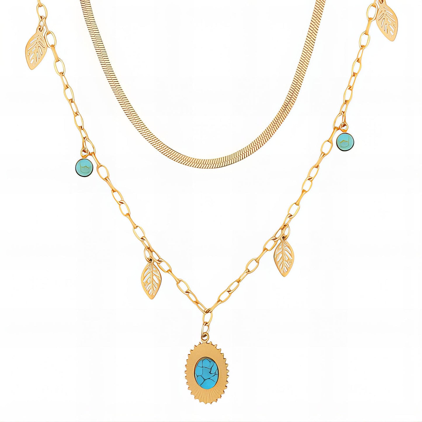 Layered Gold Leaf & Turquoise Charm Necklace
