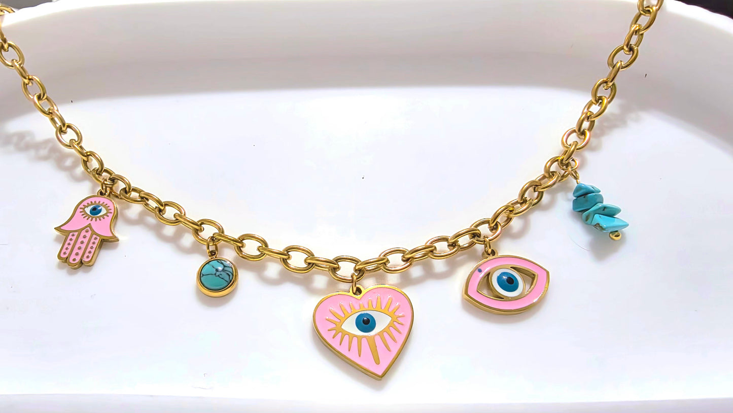 💖 Pink Evil Eye Protection Charm Bracelet