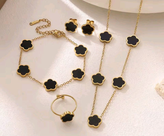 Gold-Plated Clover Jewelry Combo Set – Black & White Variants (Necklace, Bracelet, Earrings, Ring)