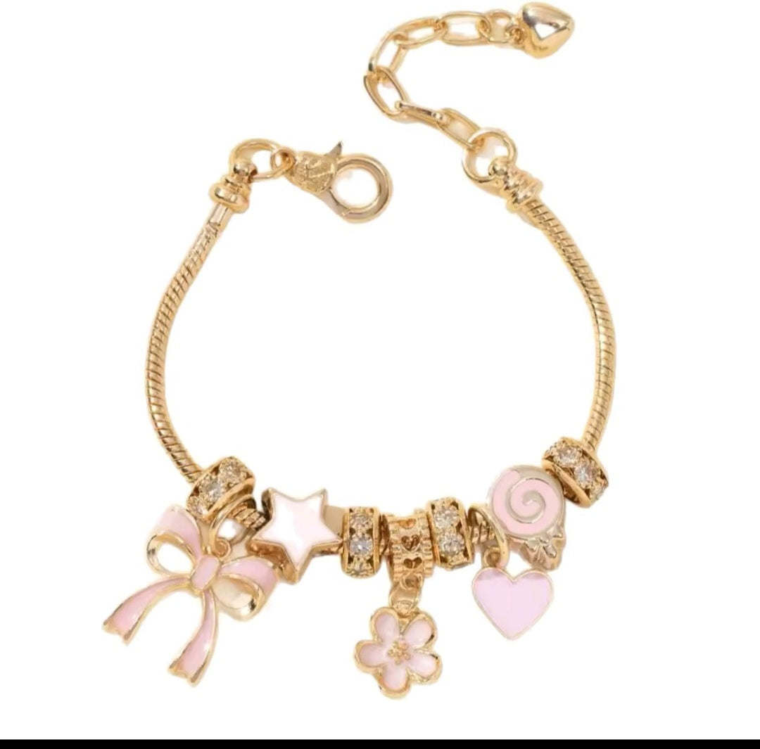 Gold-Plated Pink Enamel Charm Bracelet with Bow, Star, Flower & Heart